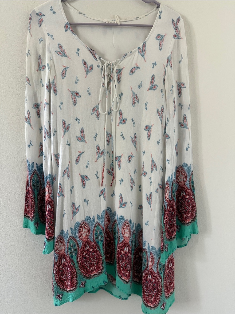 Blu Pepper White Lace-Up Tunic with Pink Paisley & Teal Border